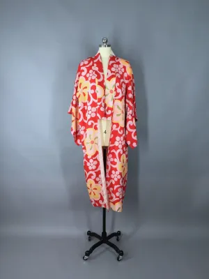 1930s Vintage Silk Kimono Robe / Red Floral Print