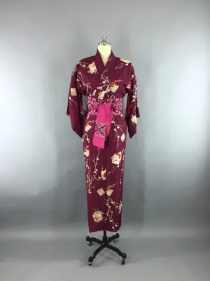 1940s Vintage Silk Kimono Robe in Maroon Red Floral Print