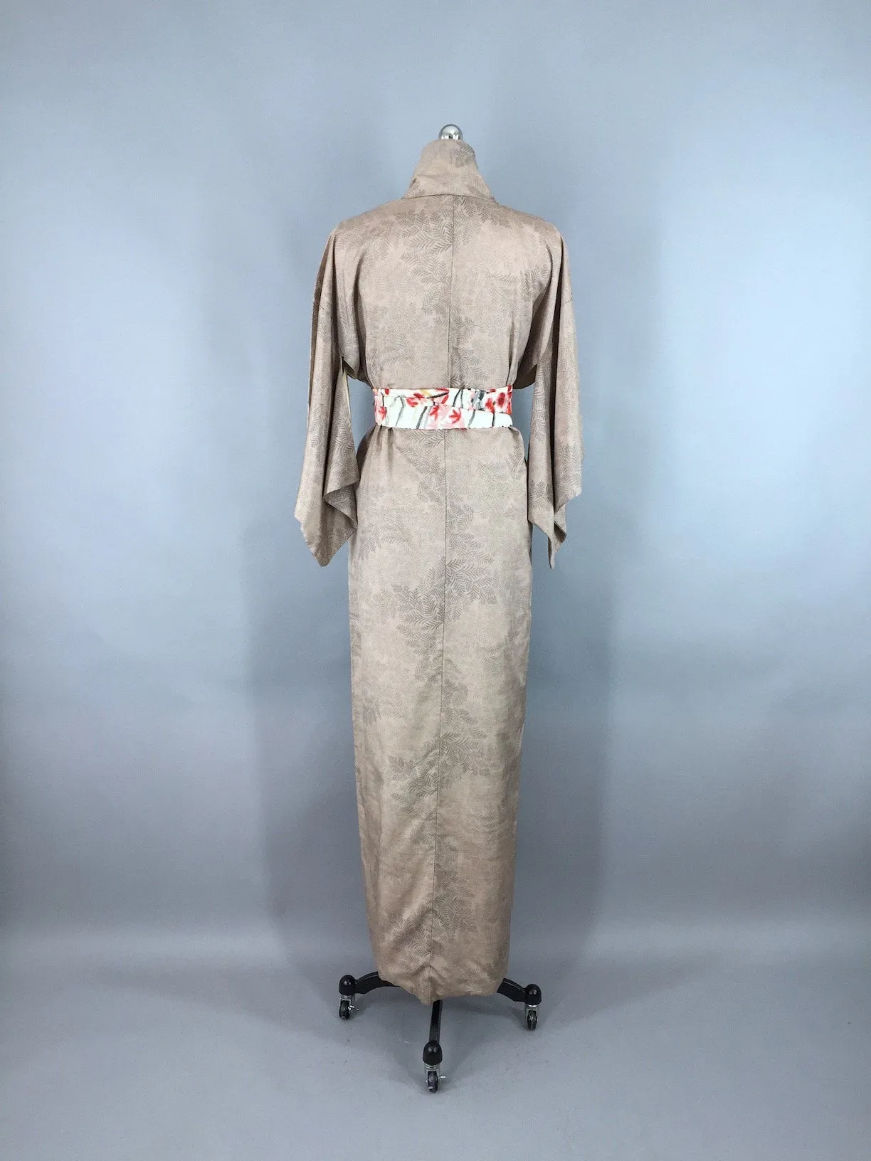 1950s Vintage Kimono Robe / Taupe Tan Fern Print