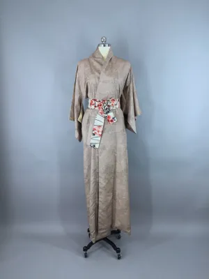 1950s Vintage Kimono Robe / Taupe Tan Fern Print