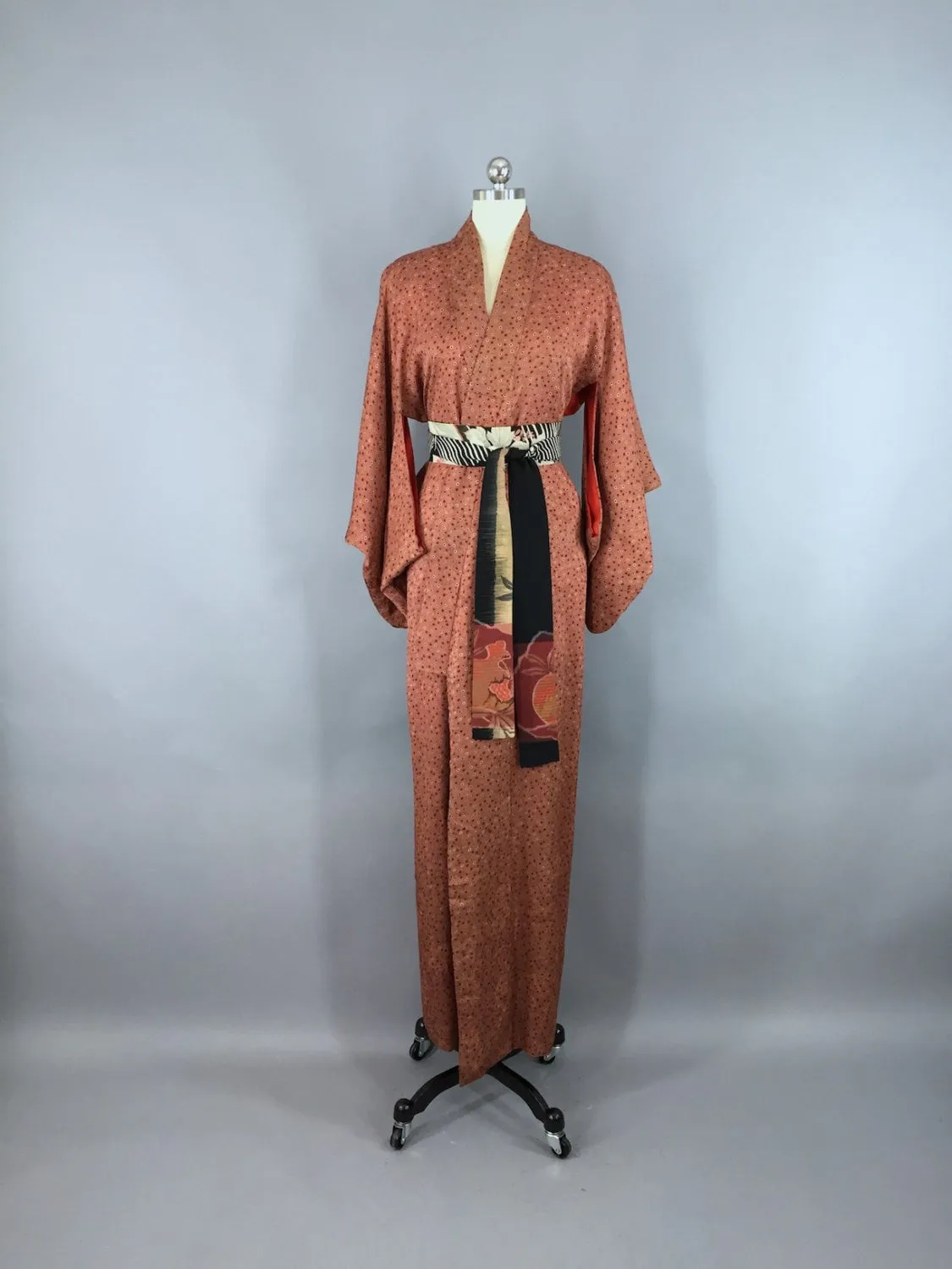 1950s Vintage Silk Kimono Robe / Brown Floral Print