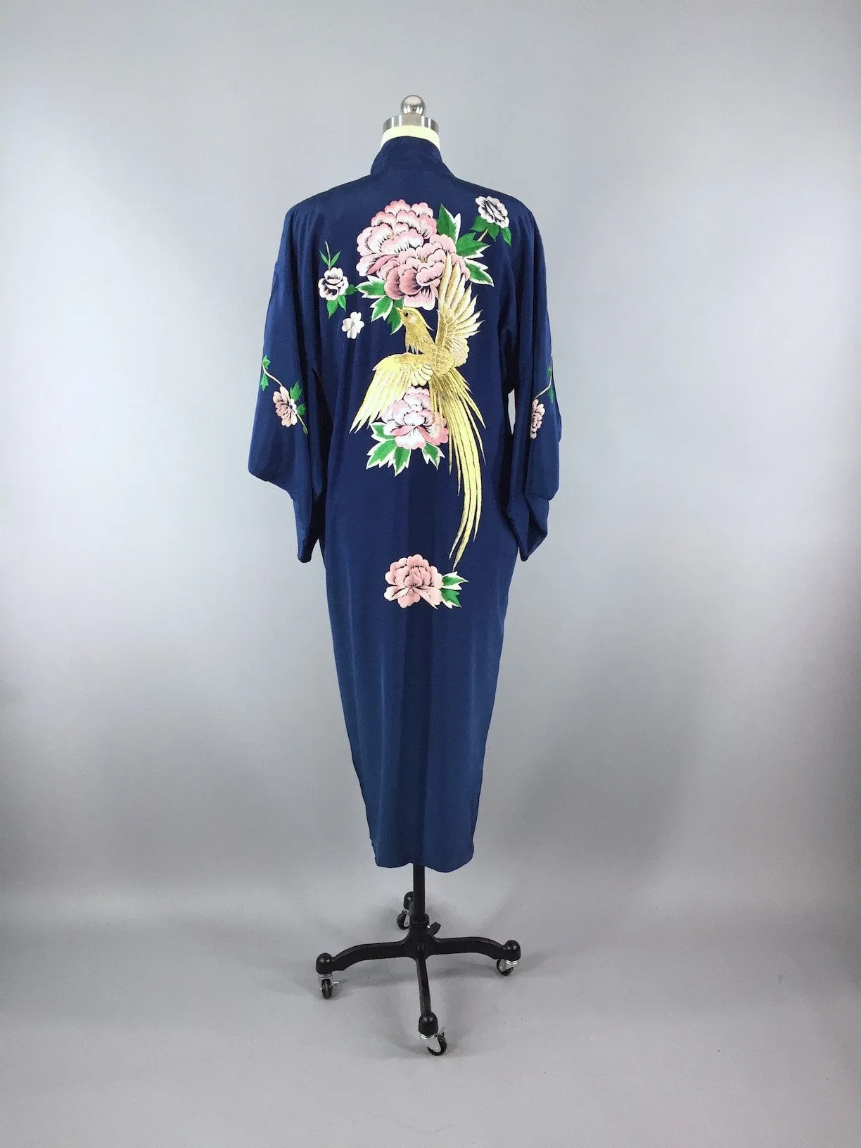 1960s Vintage Kimono Robe / Blue Embroidered Bird