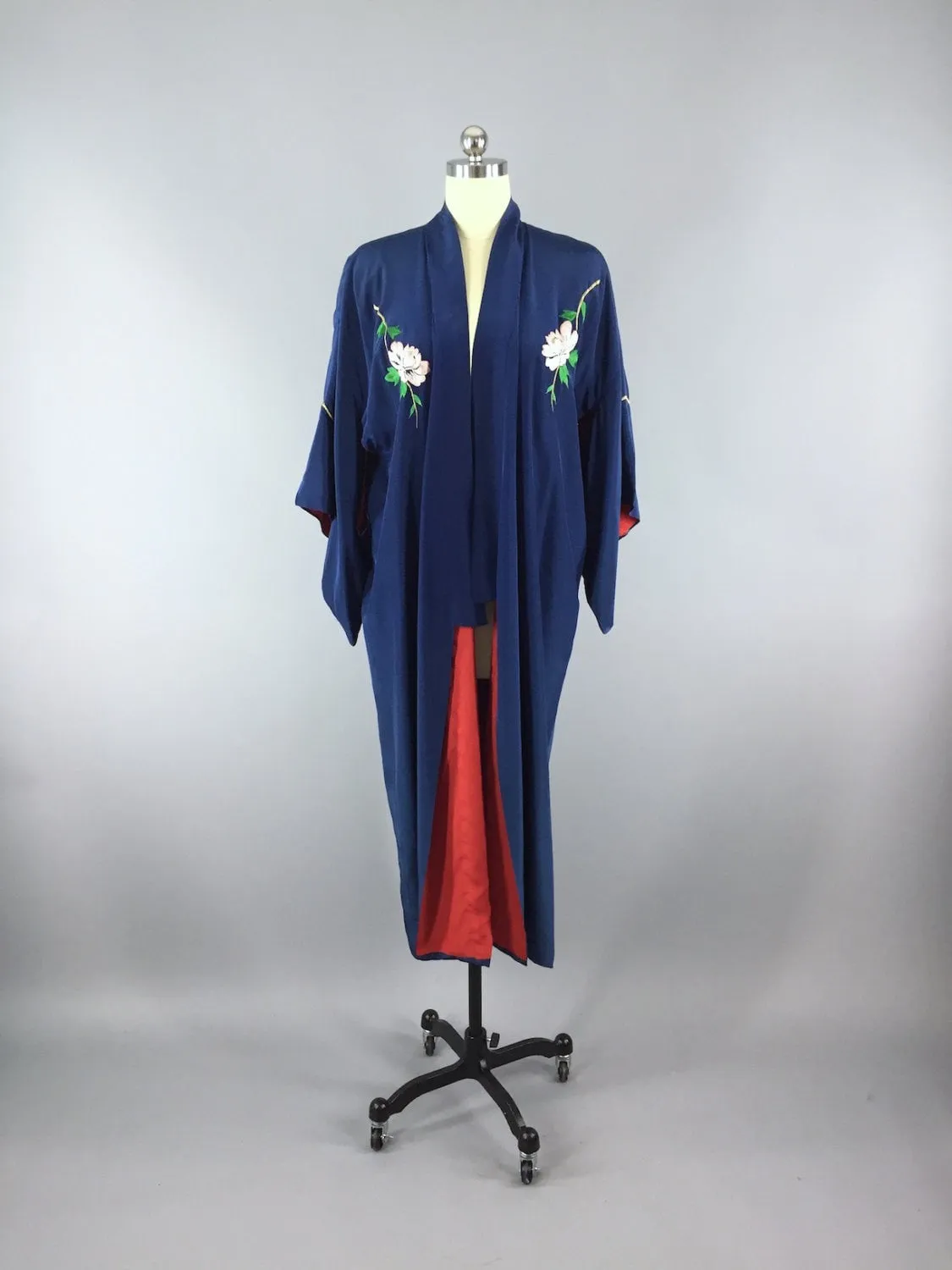 1960s Vintage Kimono Robe / Blue Embroidered Bird