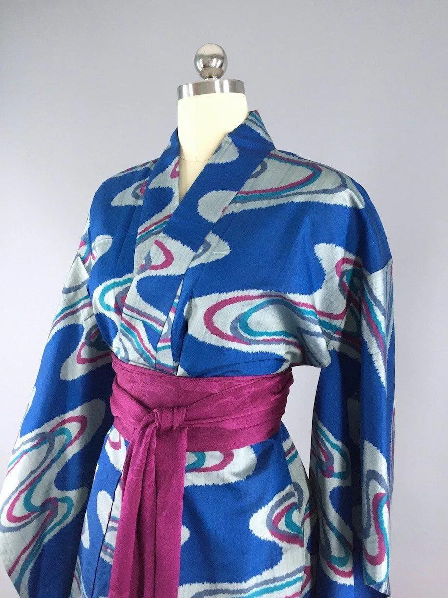 1960s Vintage Silk Kimono Robe / Blue Waves Yukata