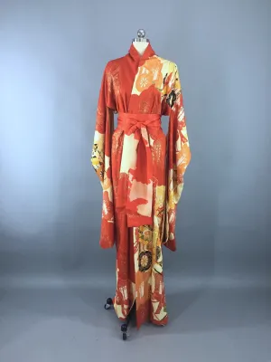 1960s Vintage Silk Kimono Robe Furisode with Orange and Gold Floral Print