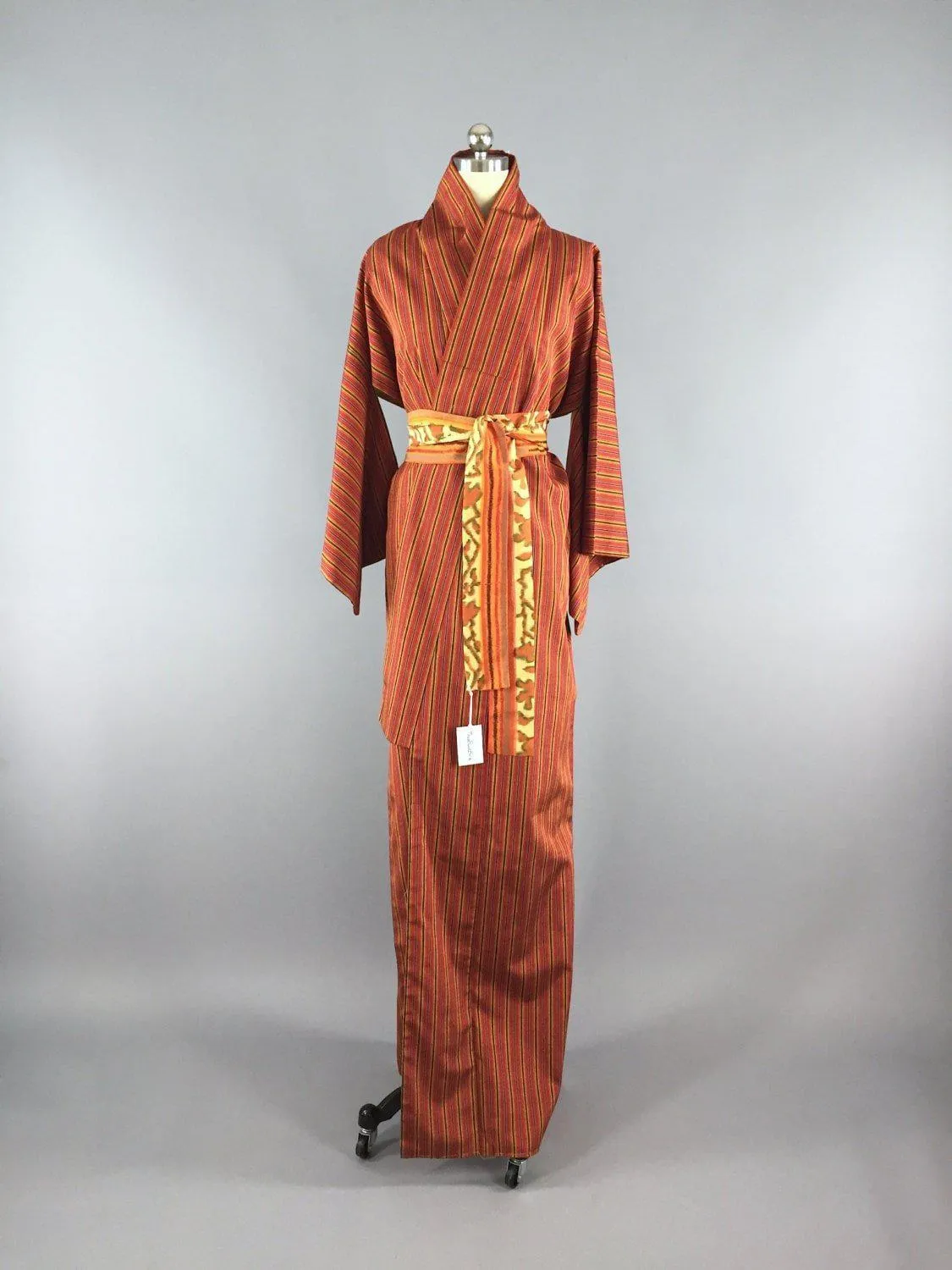 1960s Vintage Silk Kimono Robe / Orange Stripes