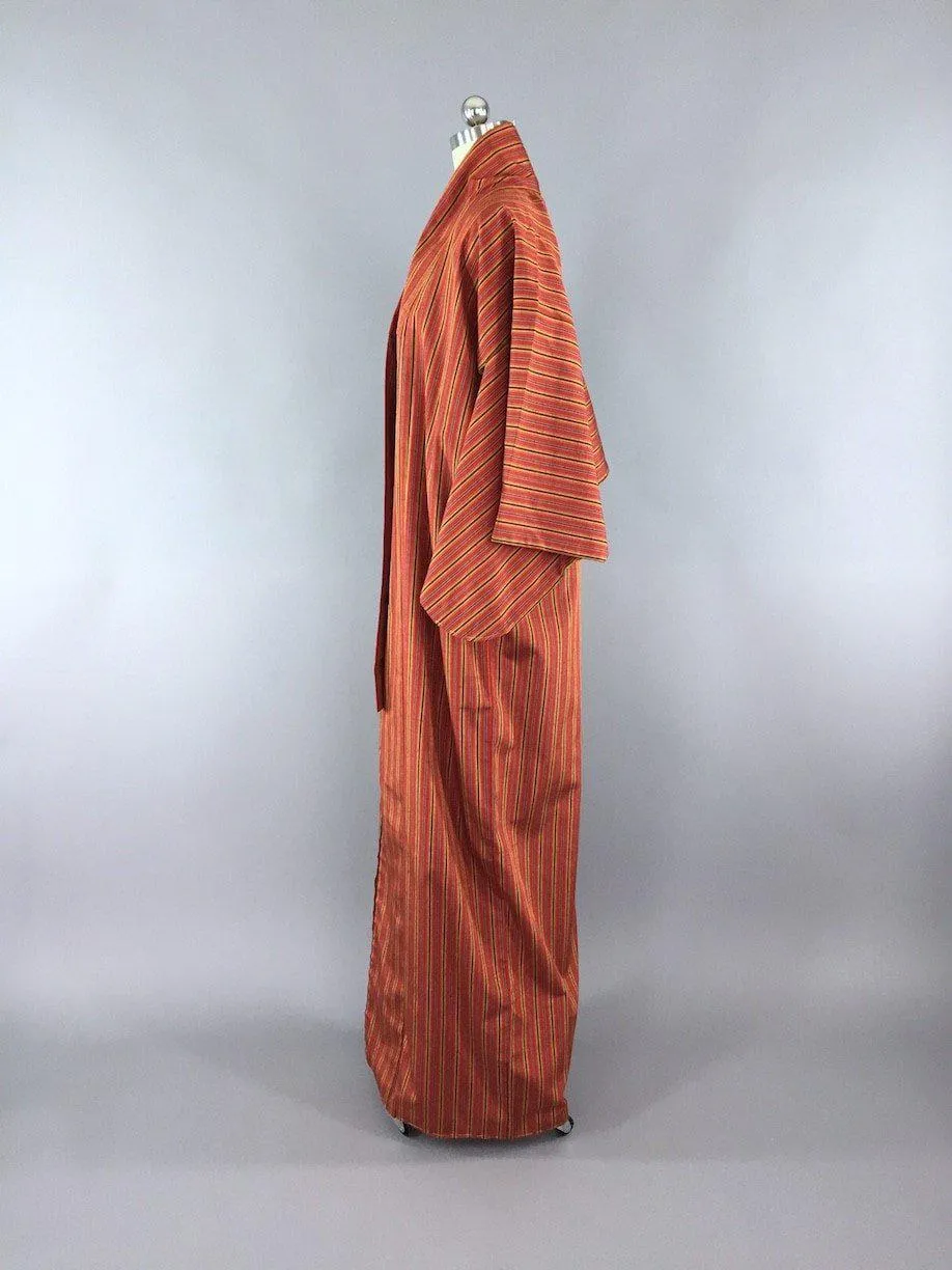 1960s Vintage Silk Kimono Robe / Orange Stripes