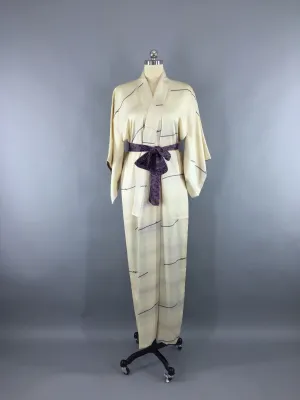 1960s Vintage Silk Kimono Robe with Ivory and Purple Bows Print