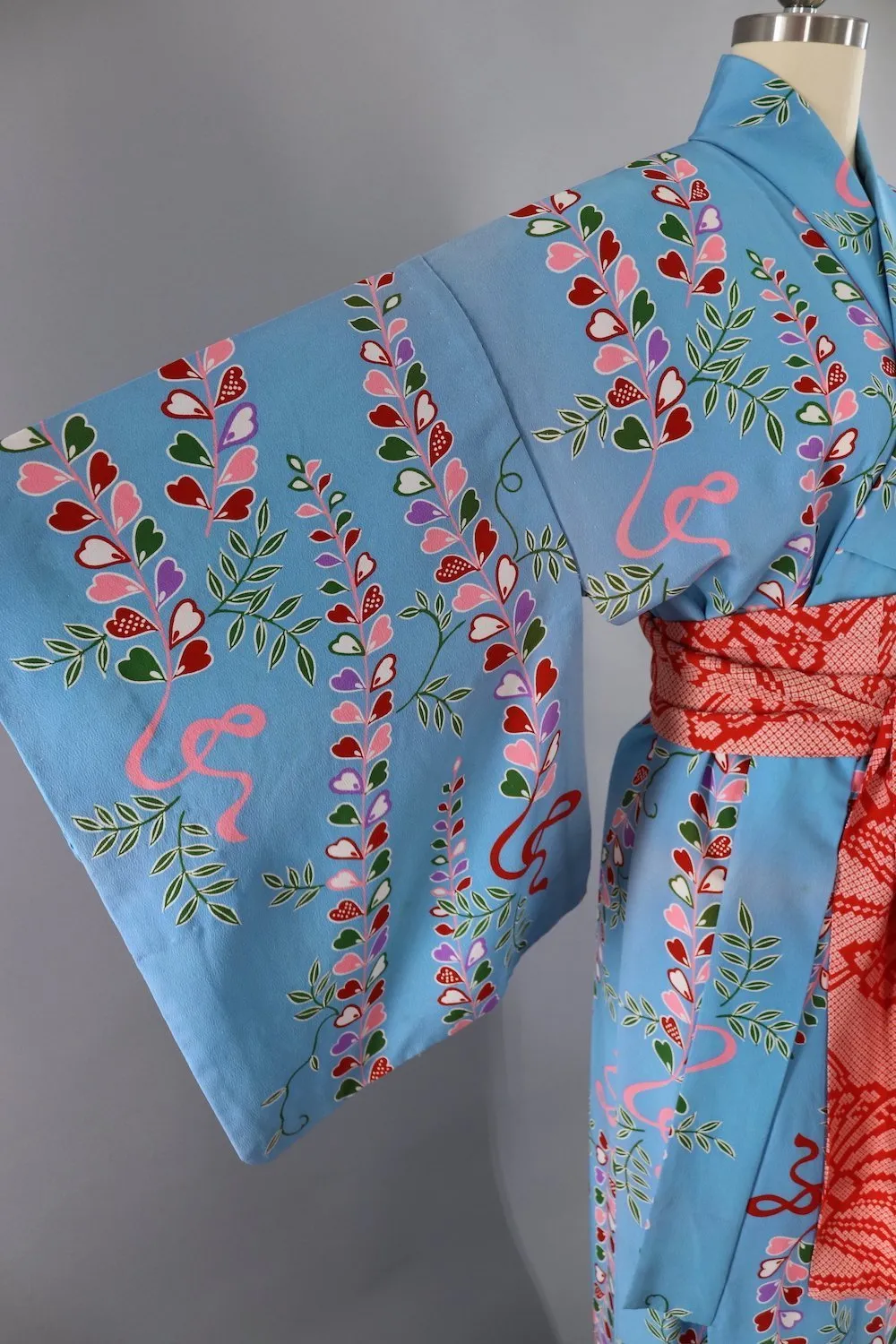 1970s Silk Kimono Robe / Blue & Pink Floral Print