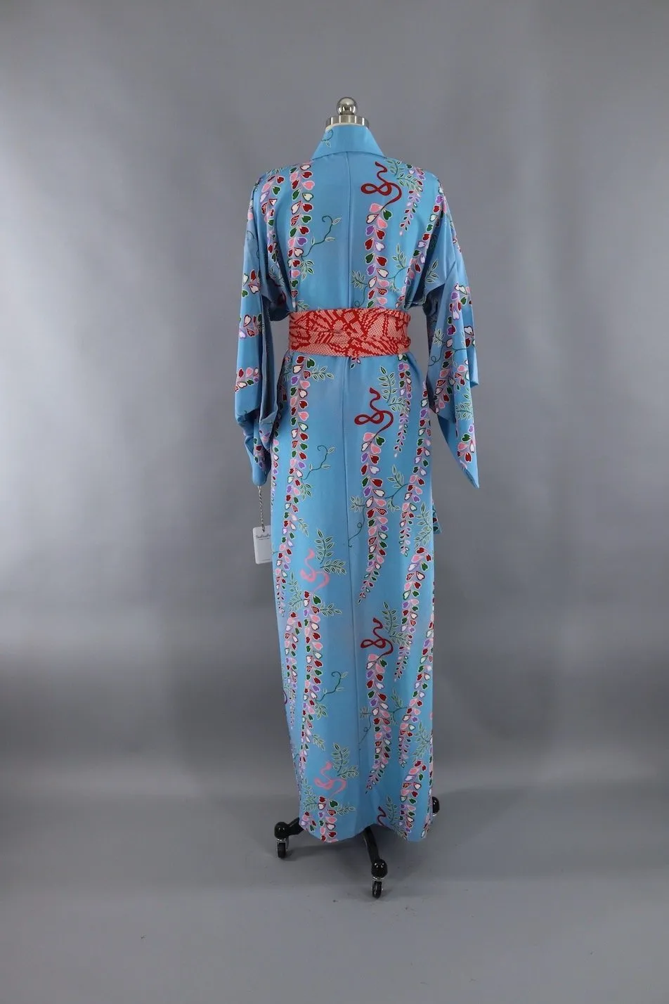 1970s Silk Kimono Robe / Blue & Pink Floral Print