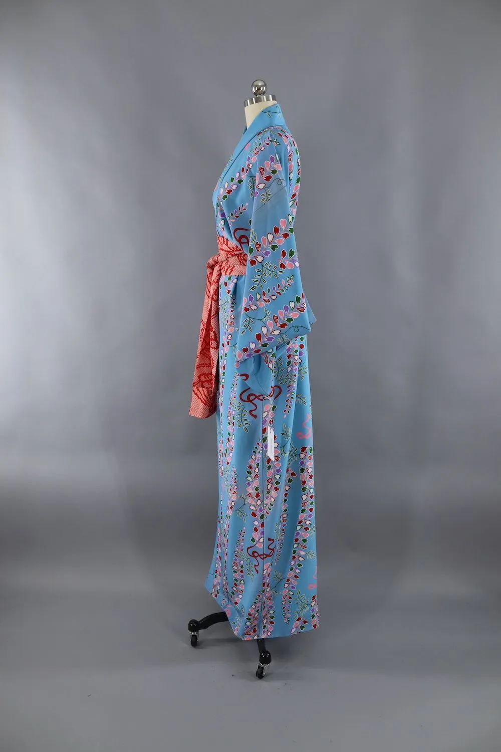 1970s Silk Kimono Robe / Blue & Pink Floral Print