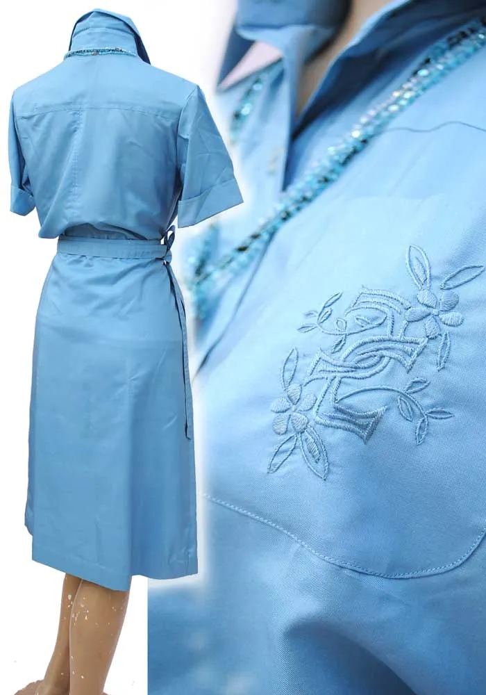 1970s Vintage Pale Blue Silk Skirt & Blouse Safari Suit Set • Short Sleeve