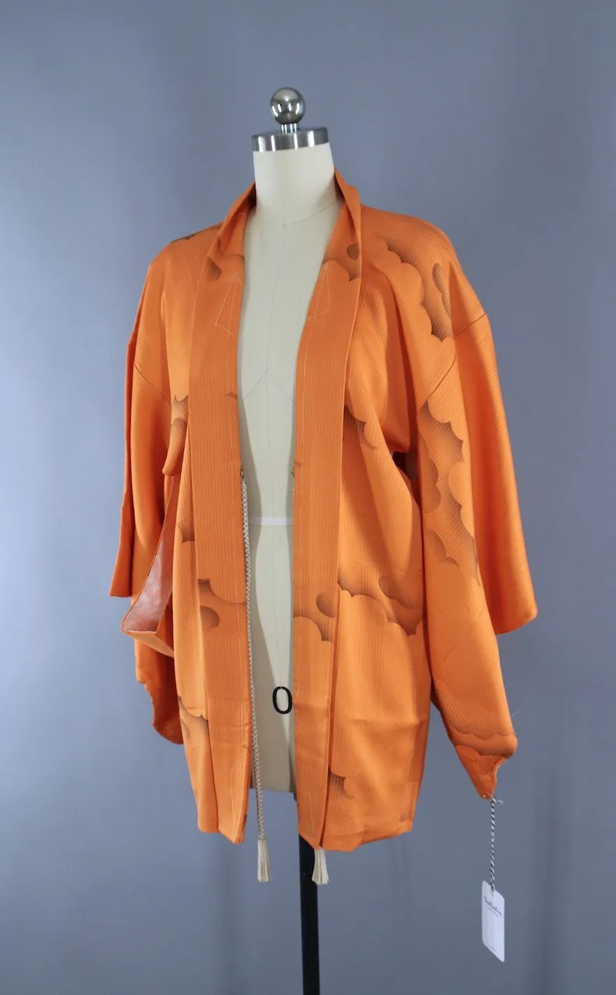 1970s Vintage Silk Haori Kimono Jacket Cardigan/ Bright Orange Clouds