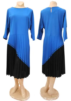 1980s Vintage Blue and Black Pleated Dress