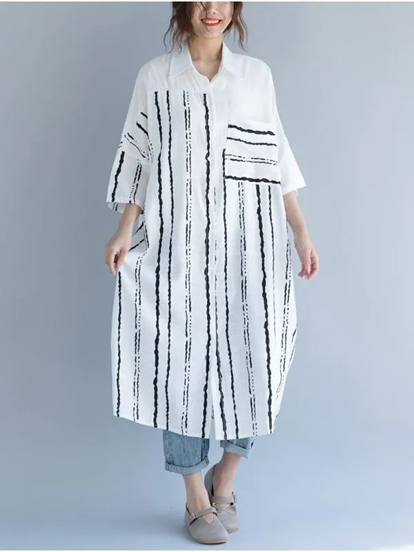 2018 Stripe Linen Cotton Loose Shirt Dress