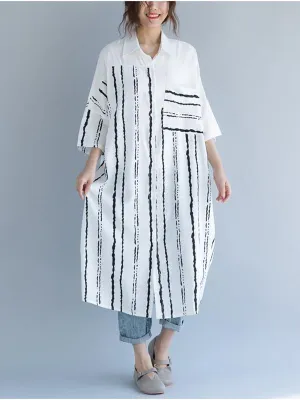 2018 Stripe Linen Cotton Loose Shirt Dress