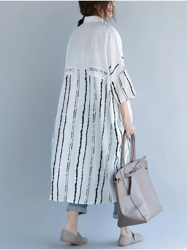 2018 Stripe Linen Cotton Loose Shirt Dress