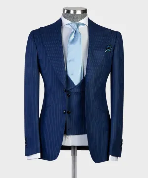 3 pieces Mens Navy Blue Plaid Suit