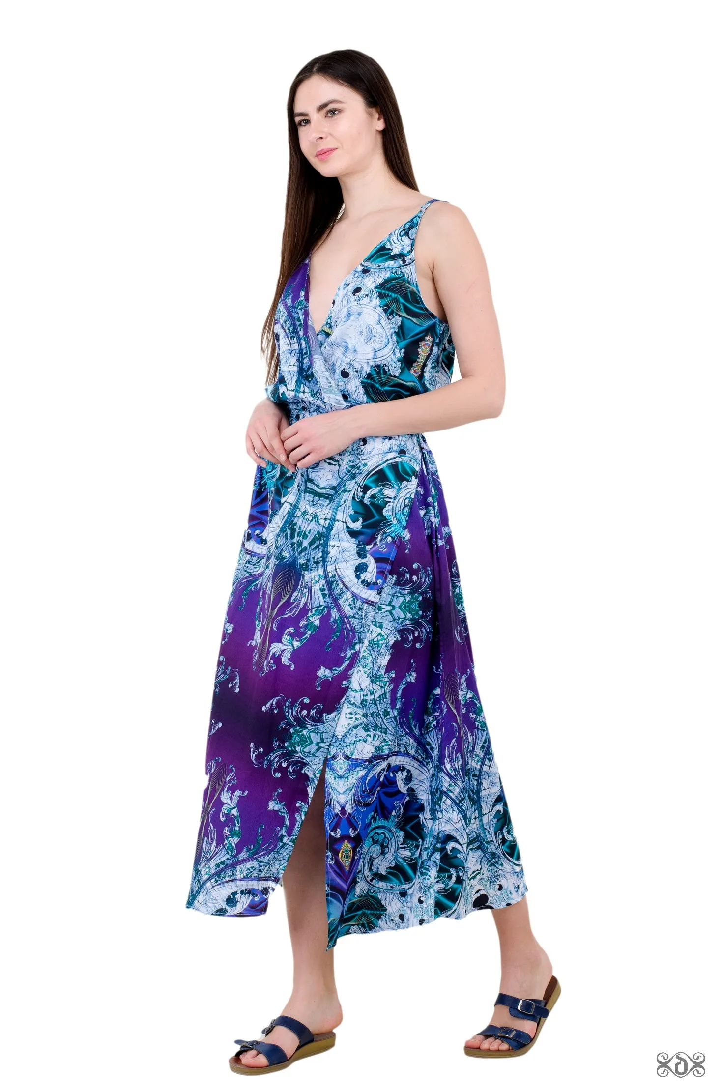 AERO-TERRANIUS Blue Waves Devarshy Cotton Printed Long Wrap Dress - 1114A