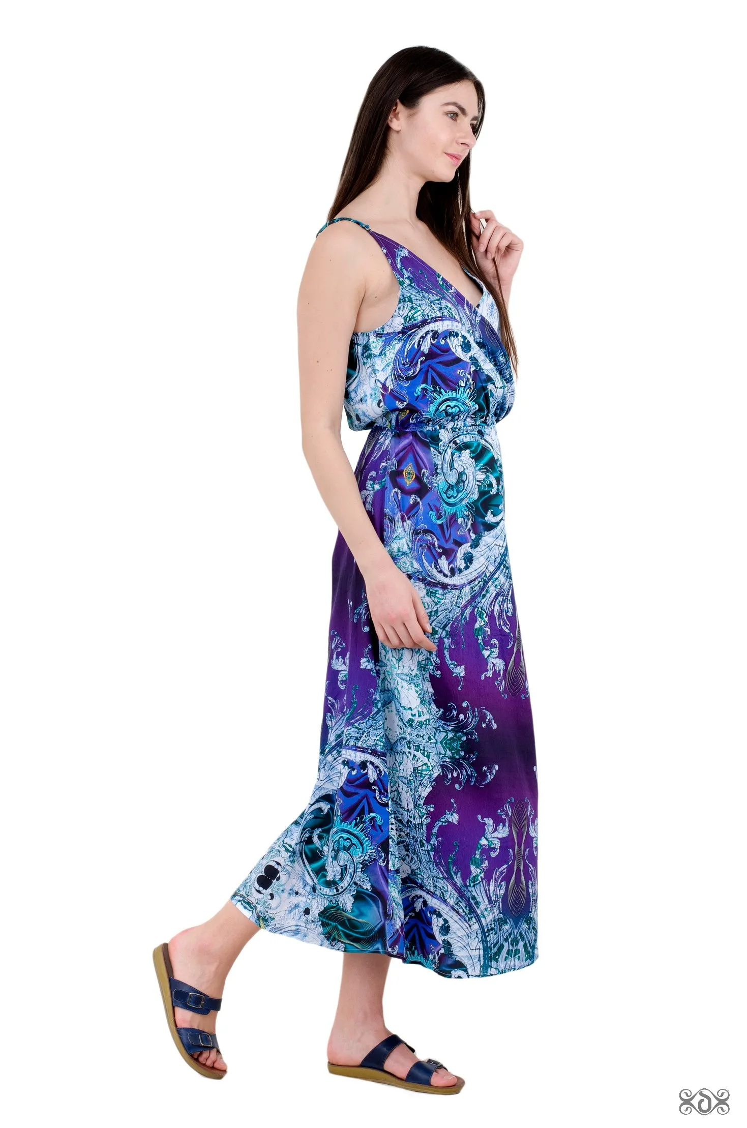 AERO-TERRANIUS Blue Waves Devarshy Cotton Printed Long Wrap Dress - 1114A