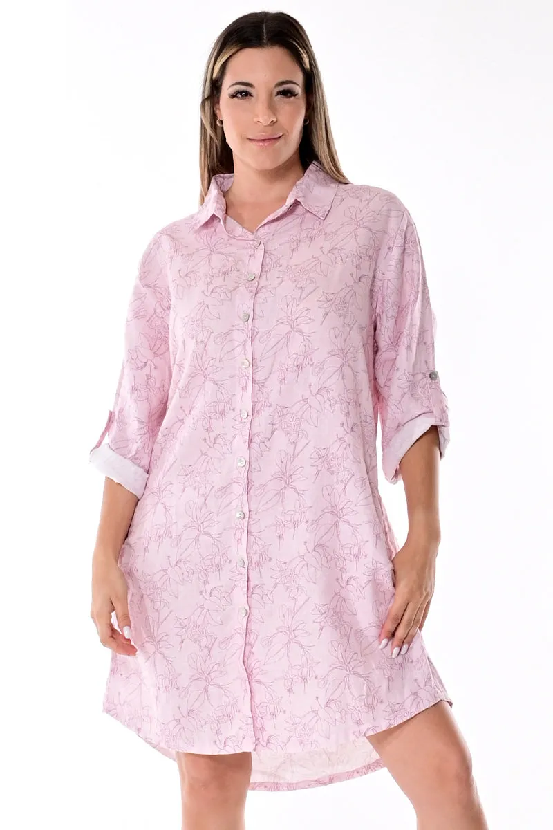 Azucar 100% linen Ladies Long Sleeves Linen Dress w/Collar, Button Down Front & Pocket in (5) Colors-LLWD102