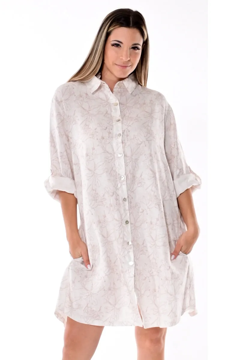 Azucar 100% linen Ladies Long Sleeves Linen Dress w/Collar, Button Down Front & Pocket in (5) Colors-LLWD102