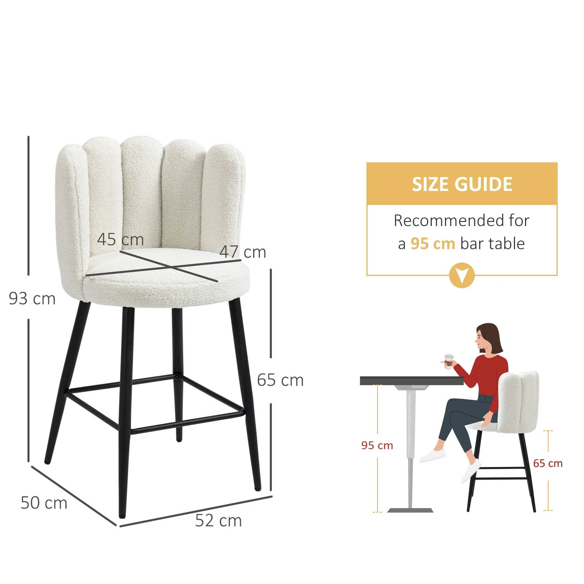 Bar Stools Set of 2, Breakfast Barstools with Backs, Cream