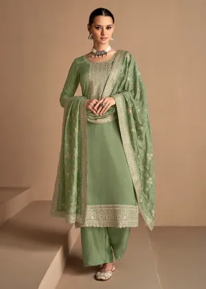 Beautiful Soft Green & Gold Embroidered Premium Silk Salwar Suit