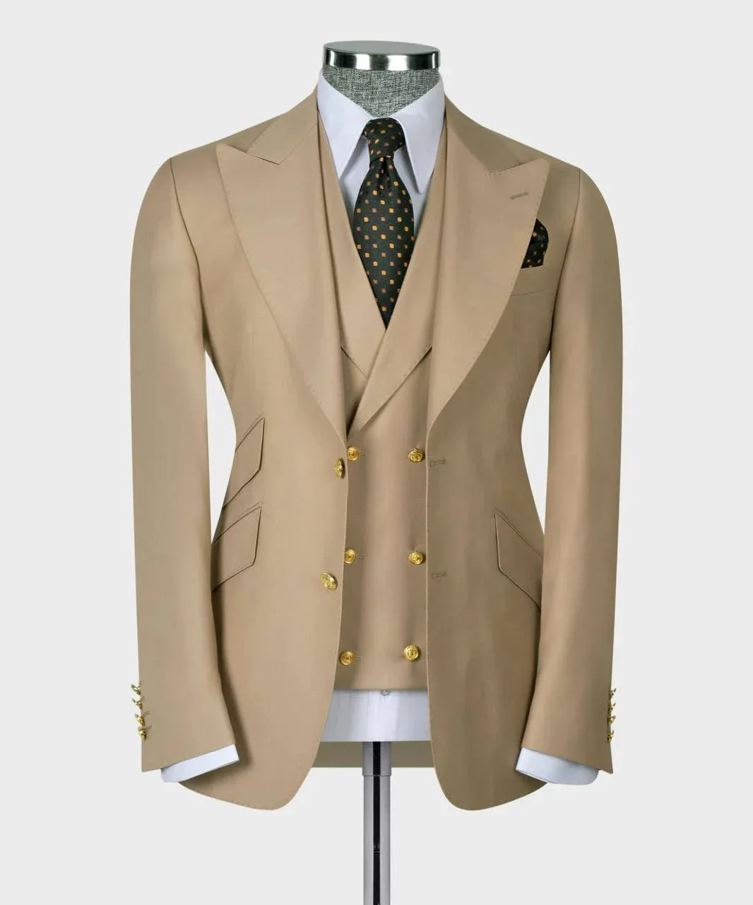 Beige 3 Piece Wool Suit with Gold Button