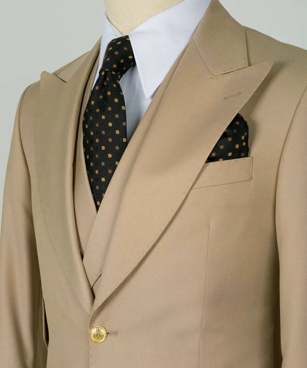 Beige 3 Piece Wool Suit with Gold Button