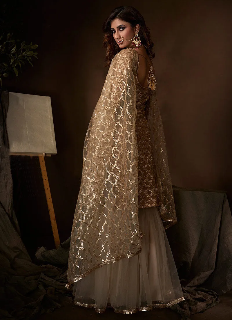 Beige Traditional Embroidered Gharara Suit