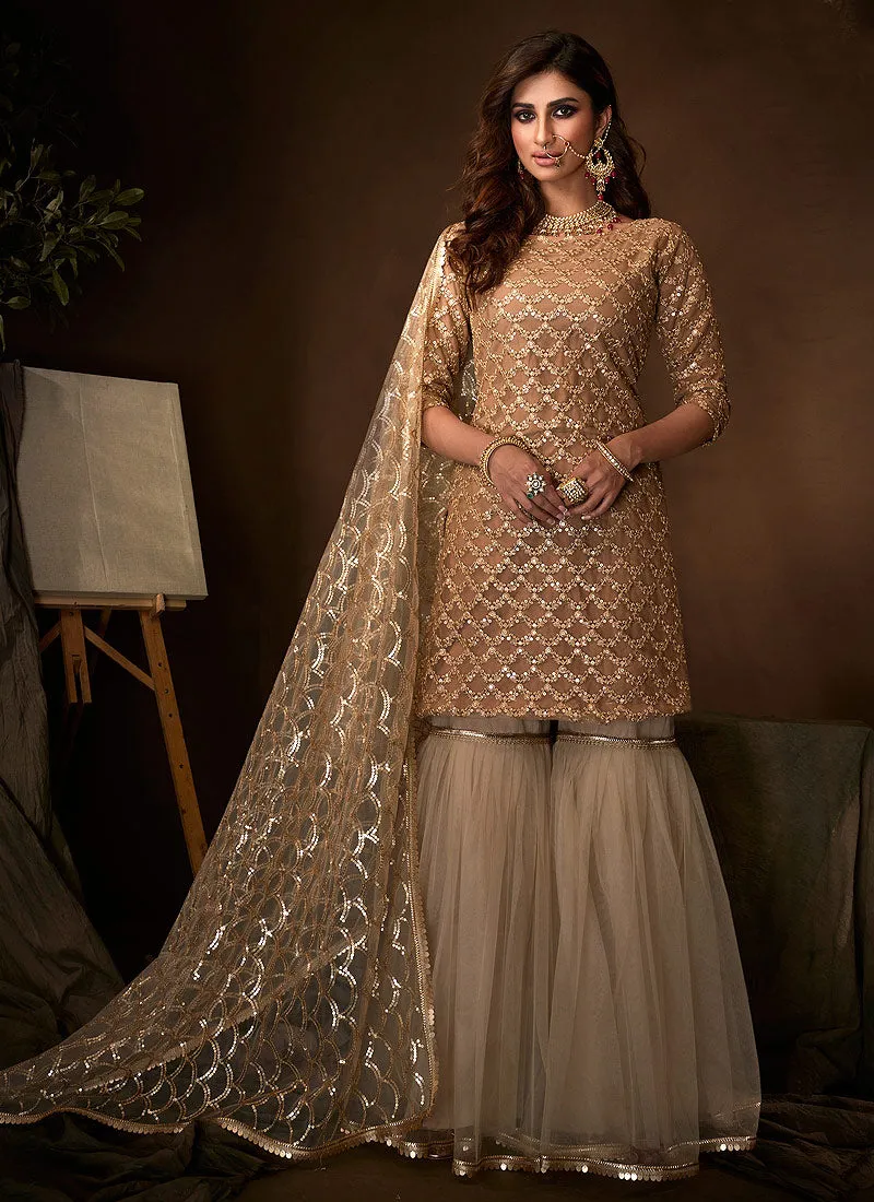 Beige Traditional Embroidered Gharara Suit