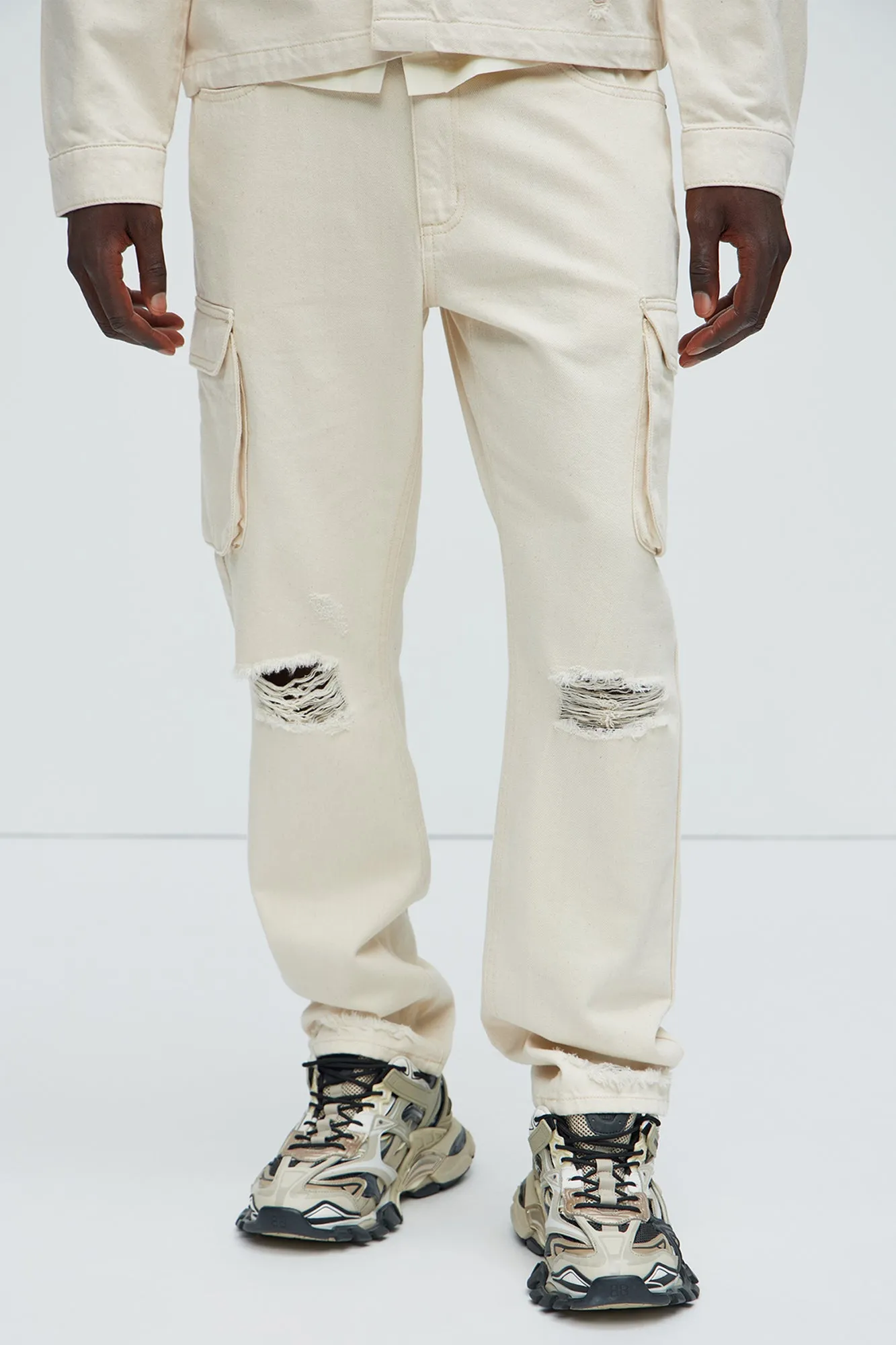 Benson Distressed Slim Cargo Pants - Cream