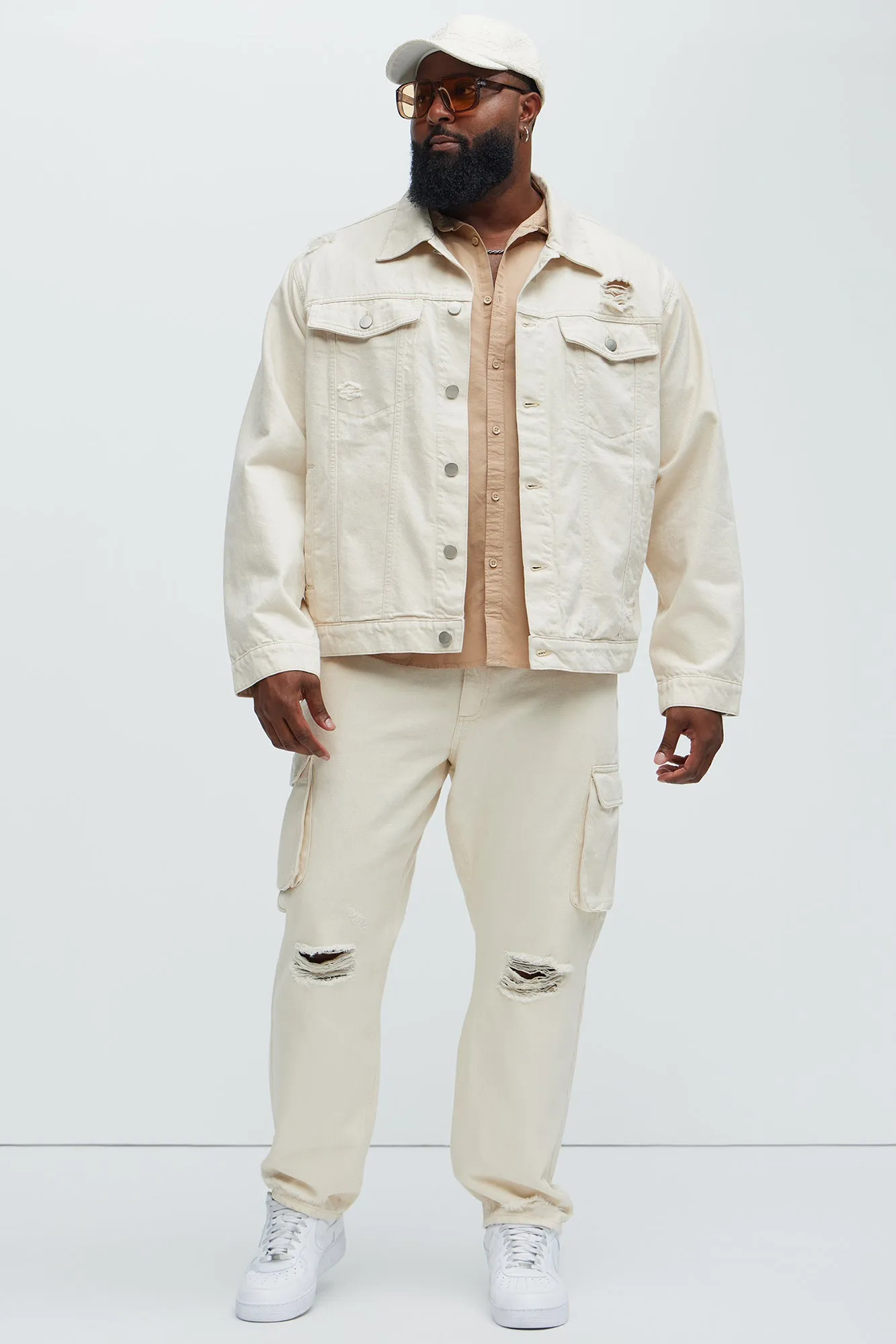 Benson Distressed Slim Cargo Pants - Cream