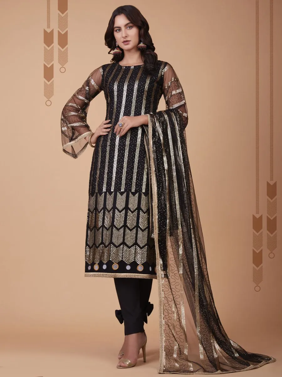 Black Embroidered Festive-Wear Straight-Cut Suit