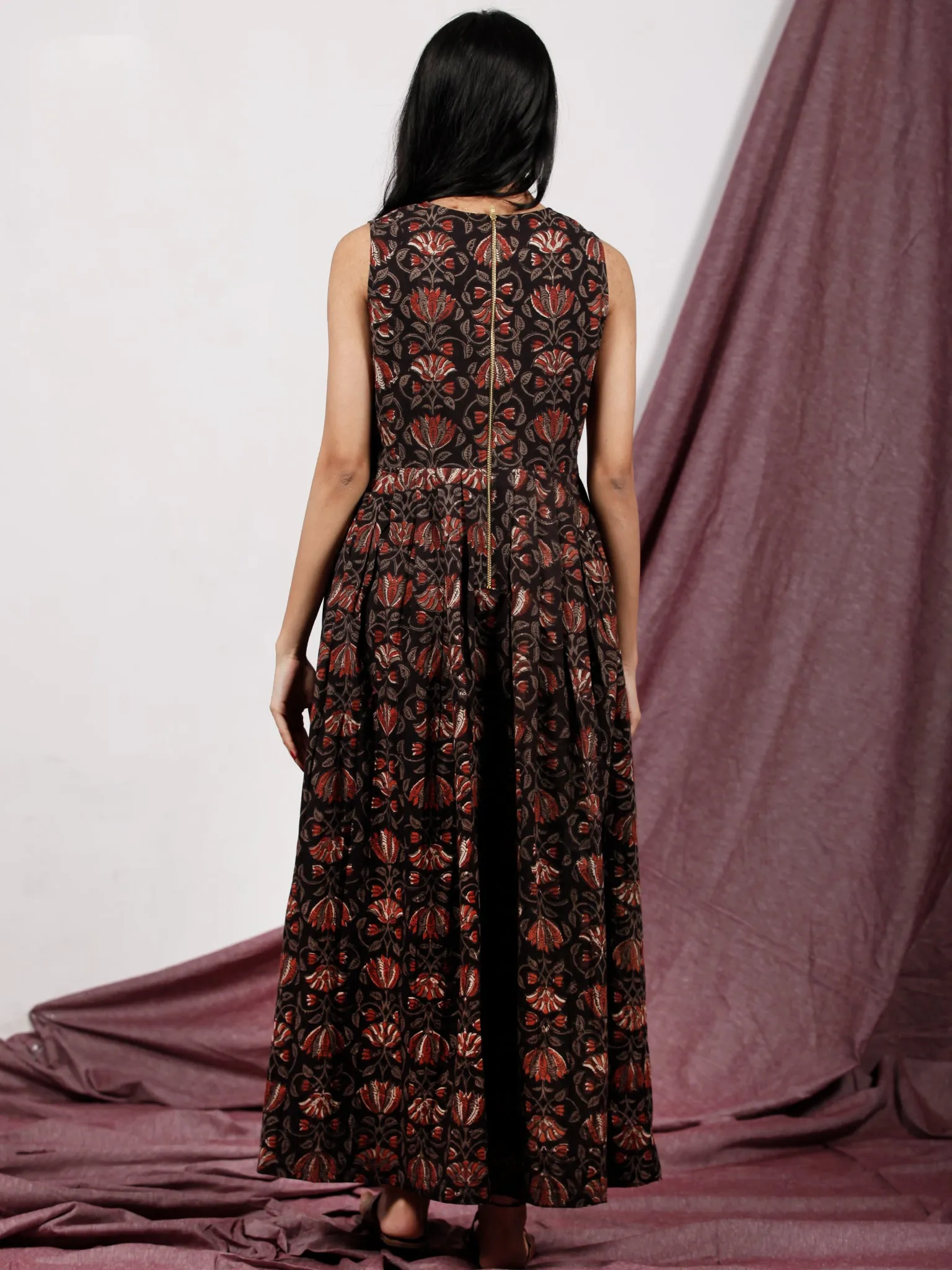 Black Grey Maroon Ivory Long Hand Block Printed Cotton Dress With Knife Pleats & Side Pockets - D32F1328