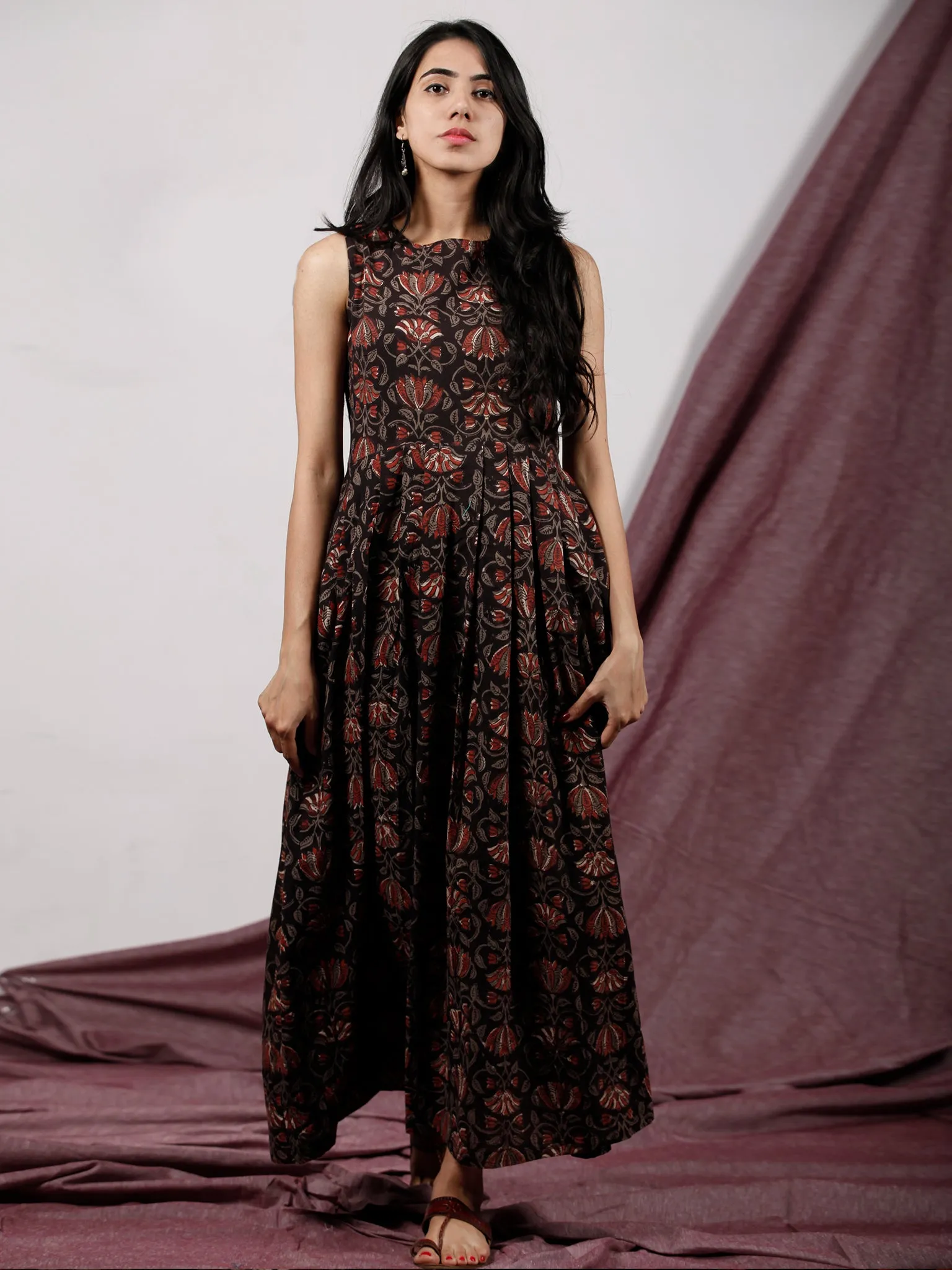 Black Grey Maroon Ivory Long Hand Block Printed Cotton Dress With Knife Pleats & Side Pockets - D32F1328