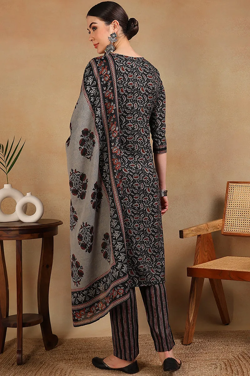 Black Viscose Rayon Floral Embroidered Straight Suit Set