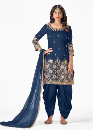 Blue Patiala Style Silk Embroidered Punjabi Salwar Suit