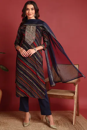 Blue Viscose Rayon Leheriya Embroidered Straight Suit Set