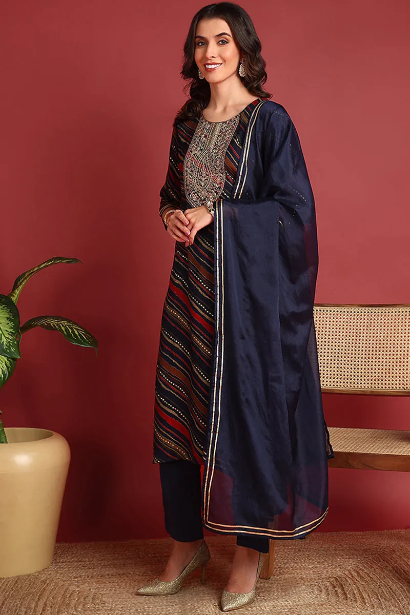 Blue Viscose Rayon Leheriya Embroidered Straight Suit Set