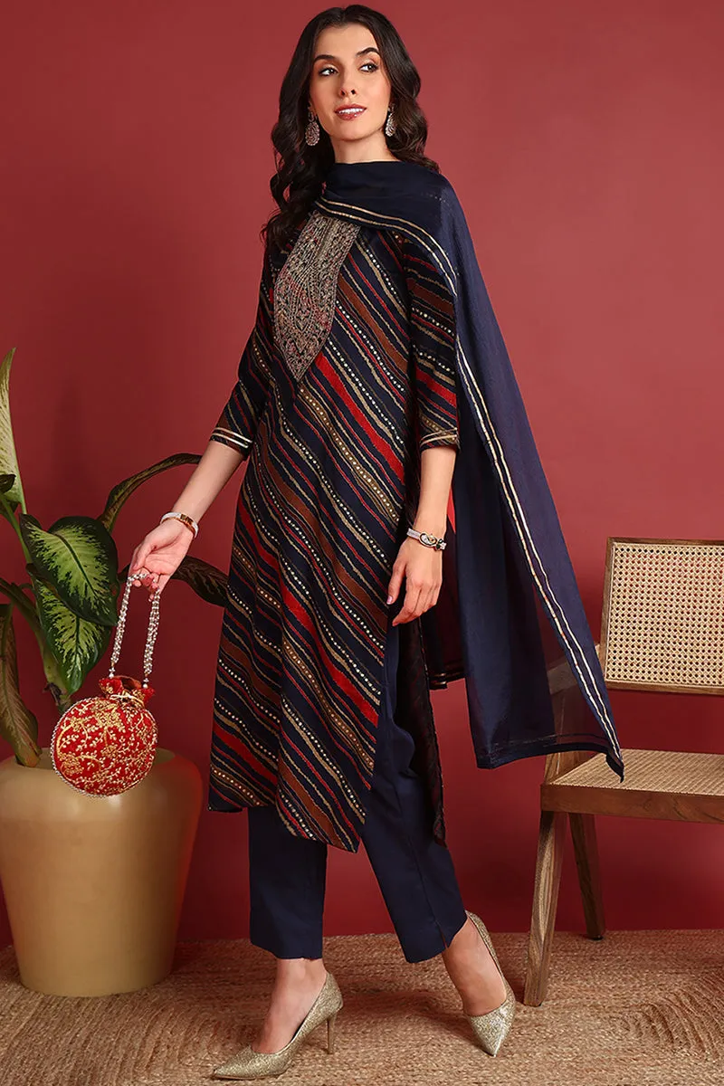 Blue Viscose Rayon Leheriya Embroidered Straight Suit Set