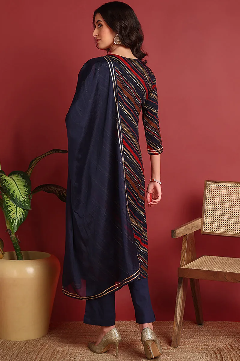 Blue Viscose Rayon Leheriya Embroidered Straight Suit Set