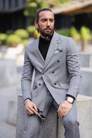 Bojoni  Matera Gray Slim Fit Peak Lapel Double Breasted Striped Suit