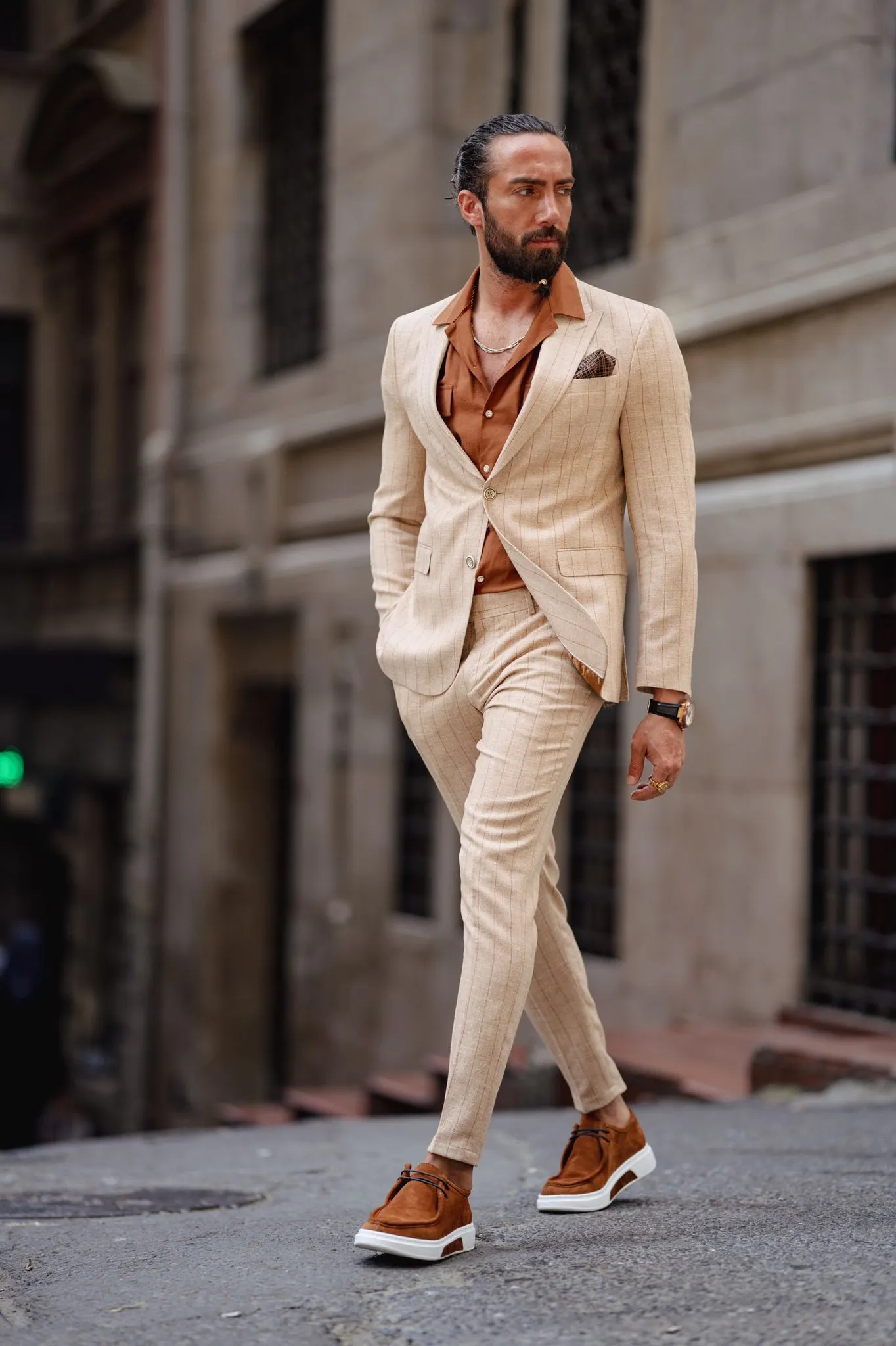 Bojoni Serra Beige Slim Fit Pinstripe Suit