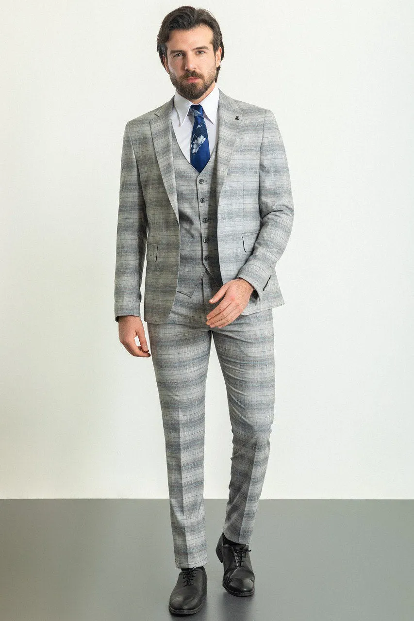 Bojoni Trivento Gray & Blue Plaid Slim Fit Suit