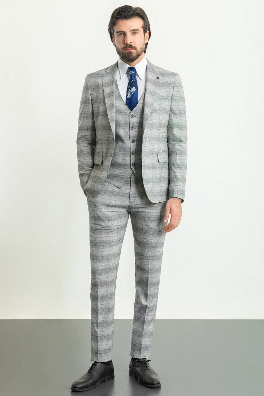 Bojoni Trivento Gray & Blue Plaid Slim Fit Suit