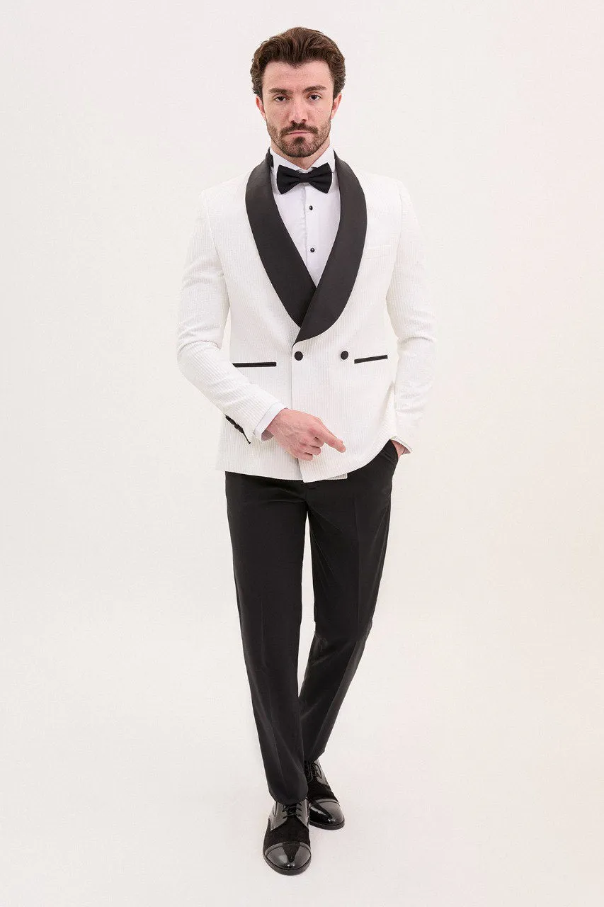 Bojoni Trivento White  Royal Slim Fit Shawl Collar Striped Suit Tuxedo