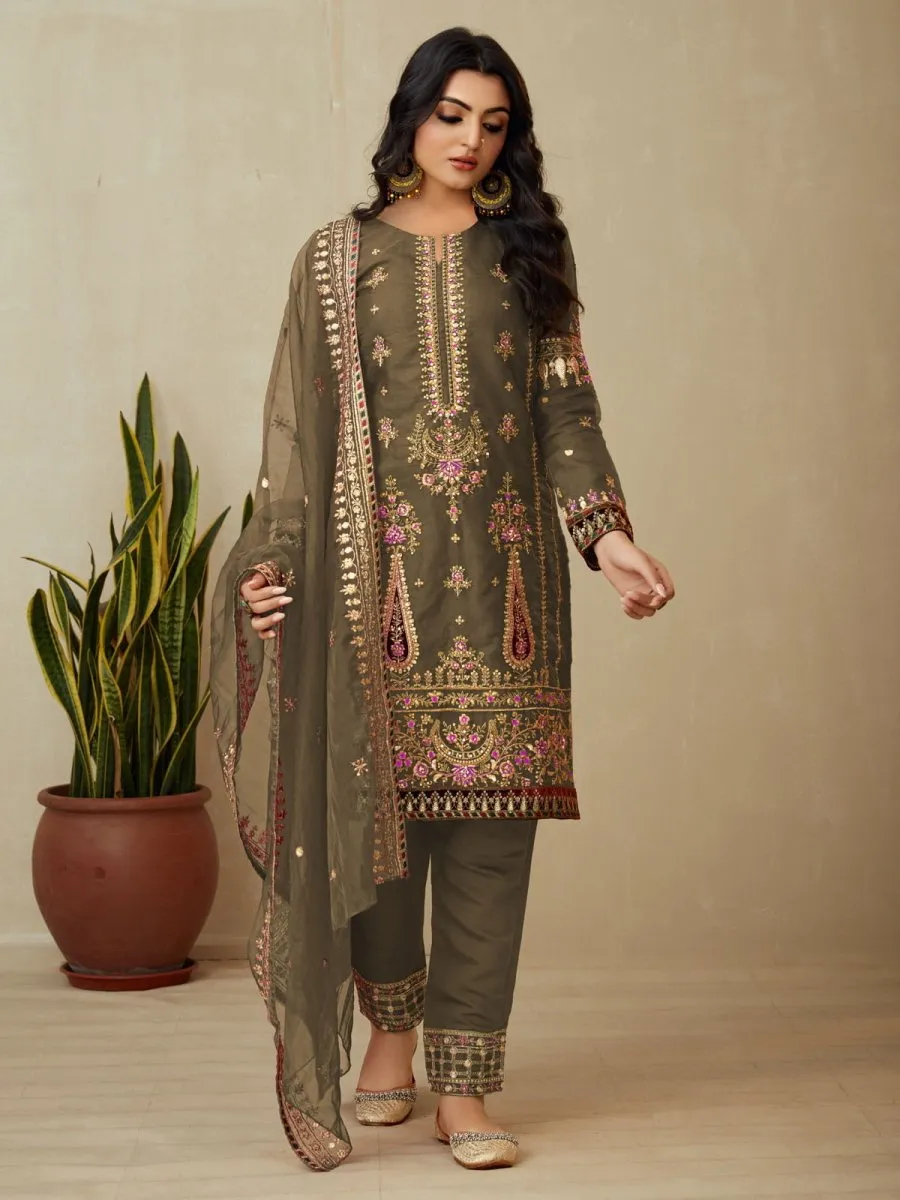 Brown Embroidered Festive-Wear Straight-Cut-Suit