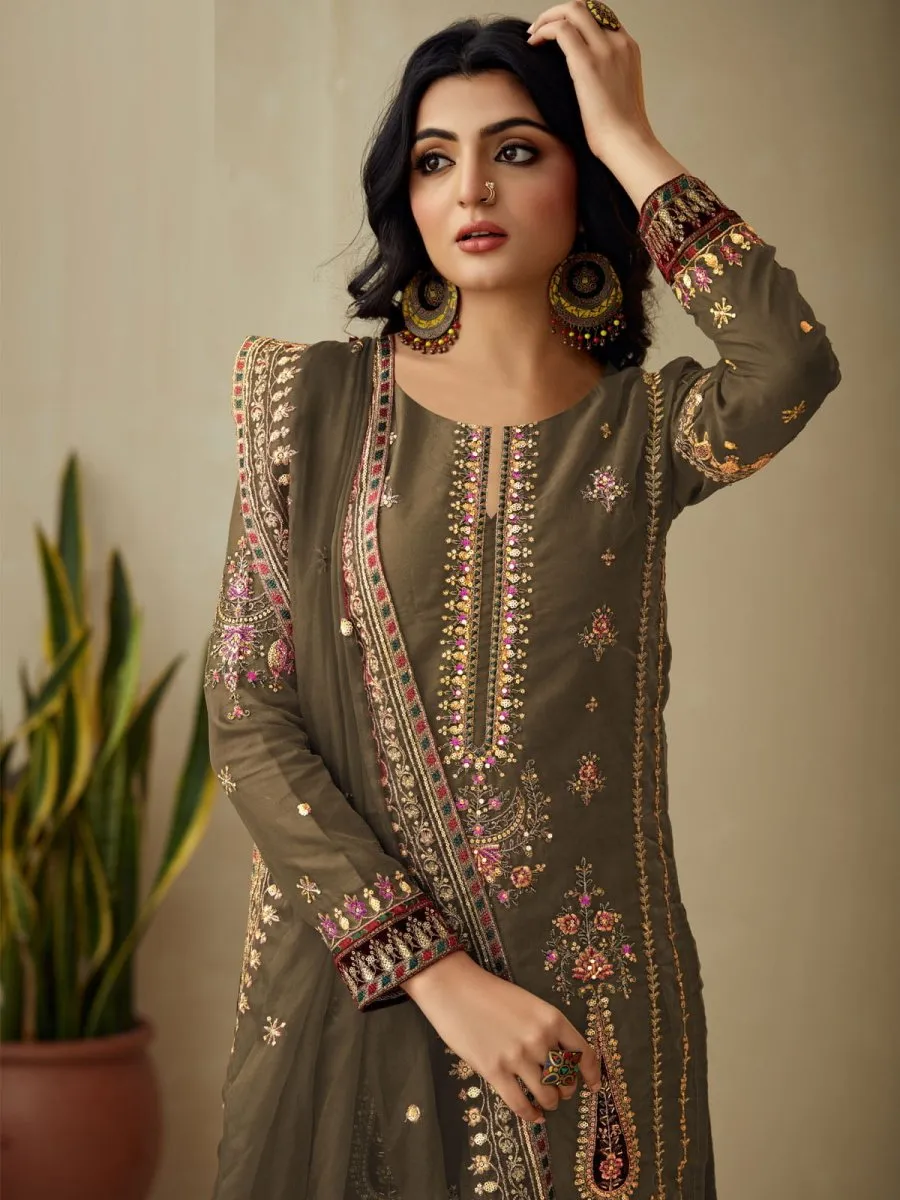 Brown Embroidered Festive-Wear Straight-Cut-Suit